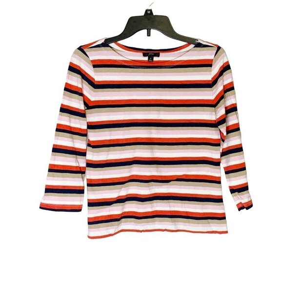 J Crew Boatneck 3/4 Sleeve Striped Colorful T-Shirt Top Cotton Blouse - Picture 1 of 5